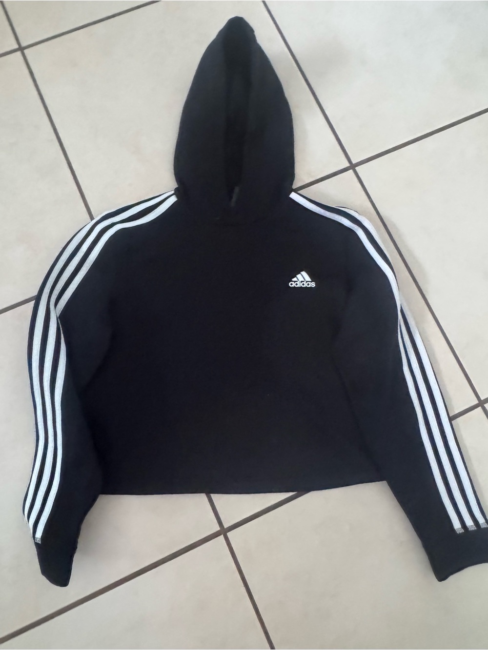 adidas Black cropped Hoodie with White Three-Stripes women’s M